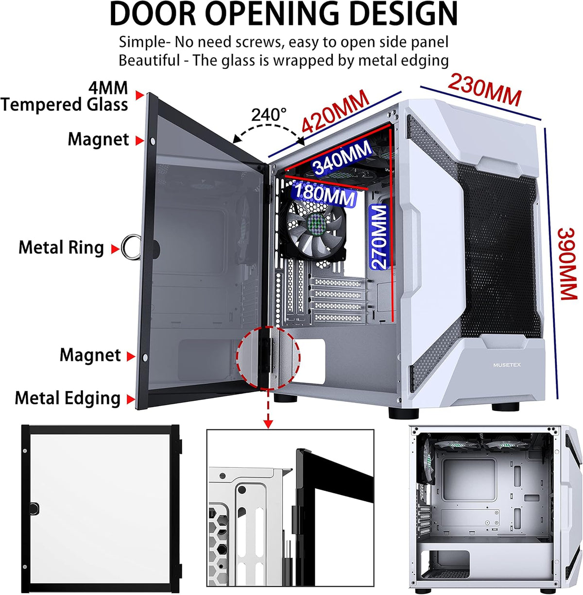 White Mesh Mid Tower PC Case with 5 ARGB Fans and Tempered Glass Panel A818