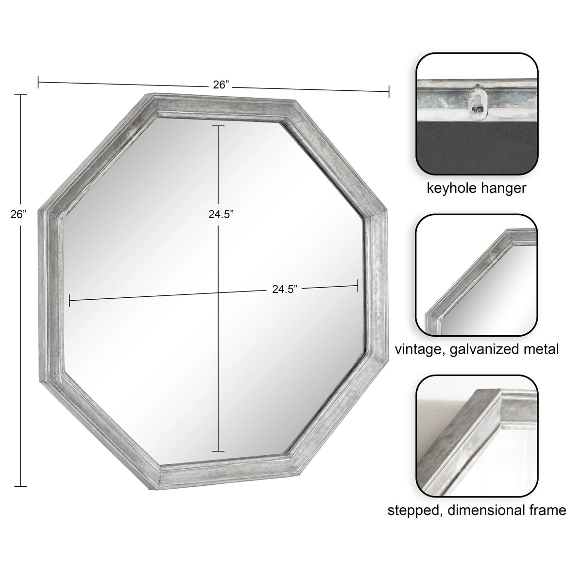 Vintage Galvanized Metal Octagon Wall Mirror, 26 x 26, Silver W3148