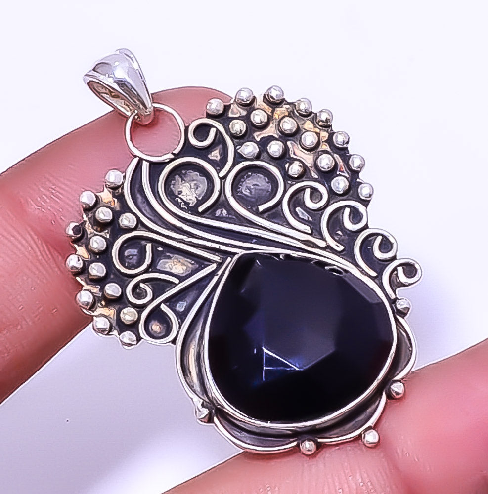 Black Onyx 925 Silver Plated Pendant 1.95" I54937