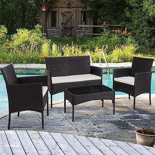 4 Piece Wicker Patio Conversation Furniture Set with Tempered Glass Coffee Table Y143895
