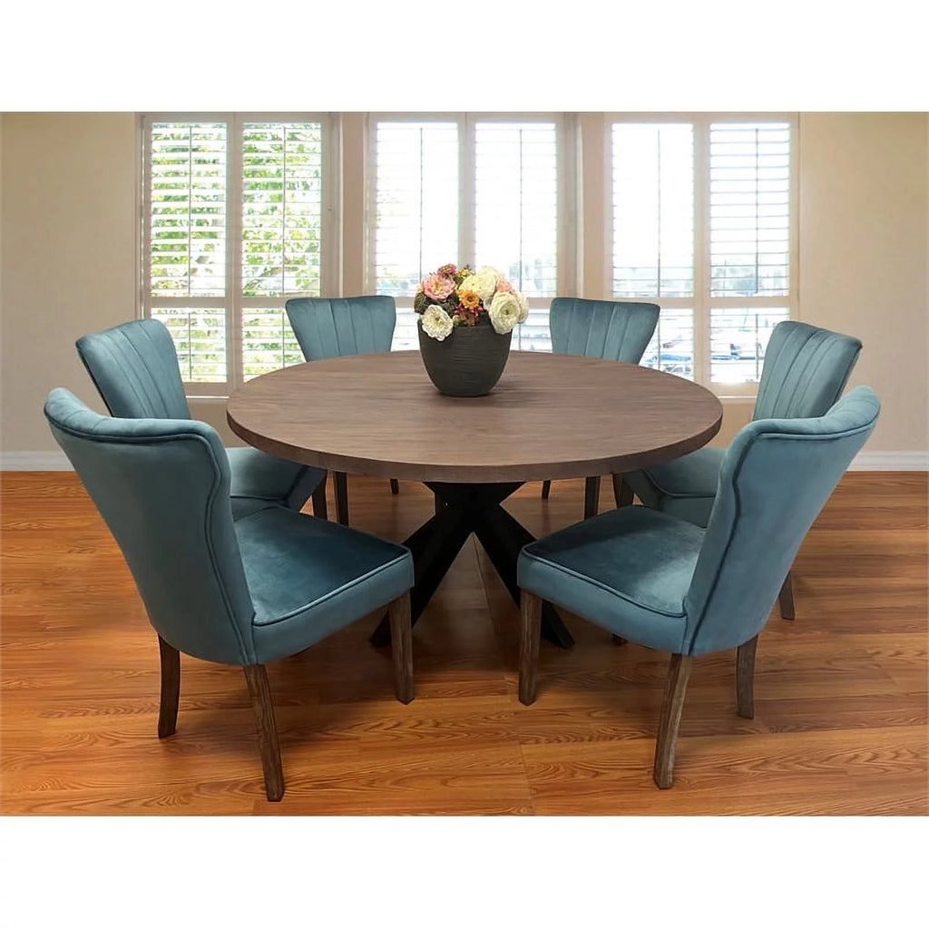 Dining Table Set with Solid Wood Round Table and 6 Chairs in Teal N165