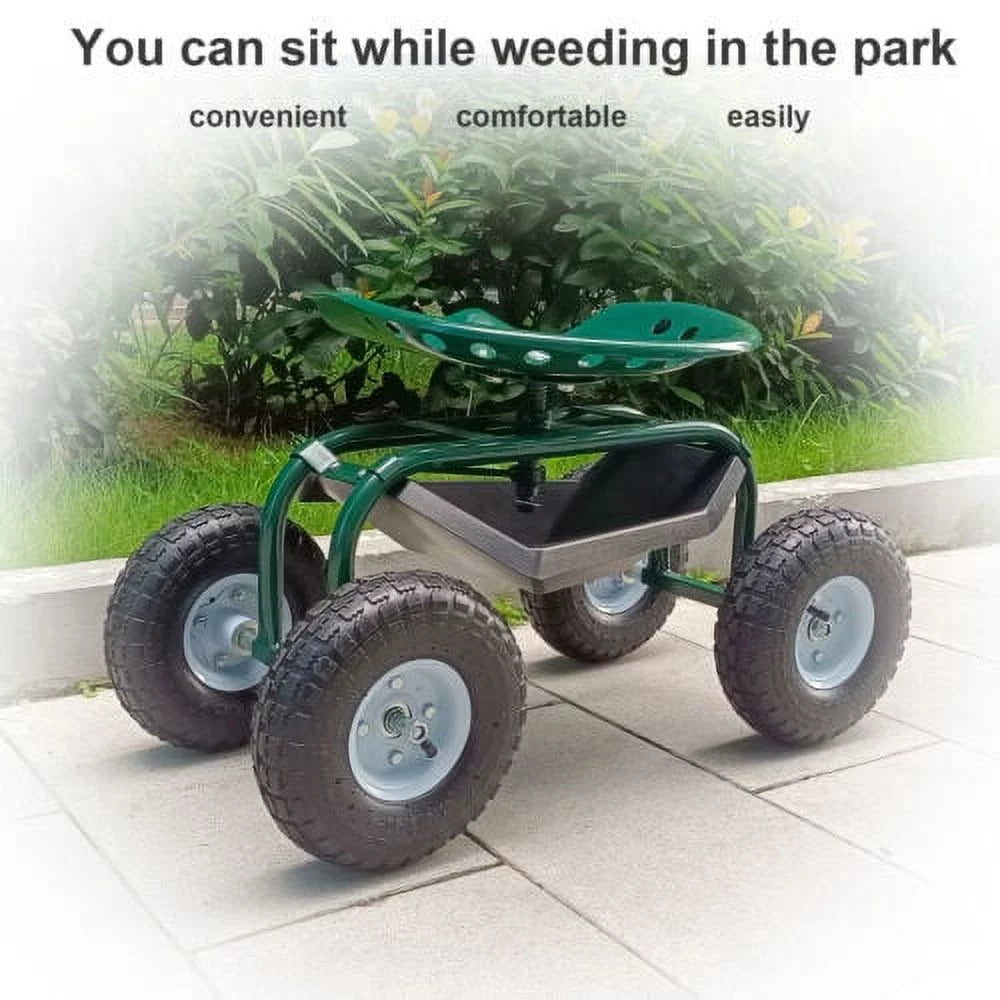 Green Metal Rolling Garden Seat Cart with 4 Wheels P541