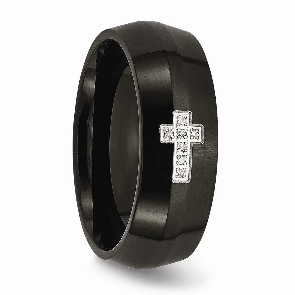 Black IP-Plated Diamond Cross Ring Size 7 L70381