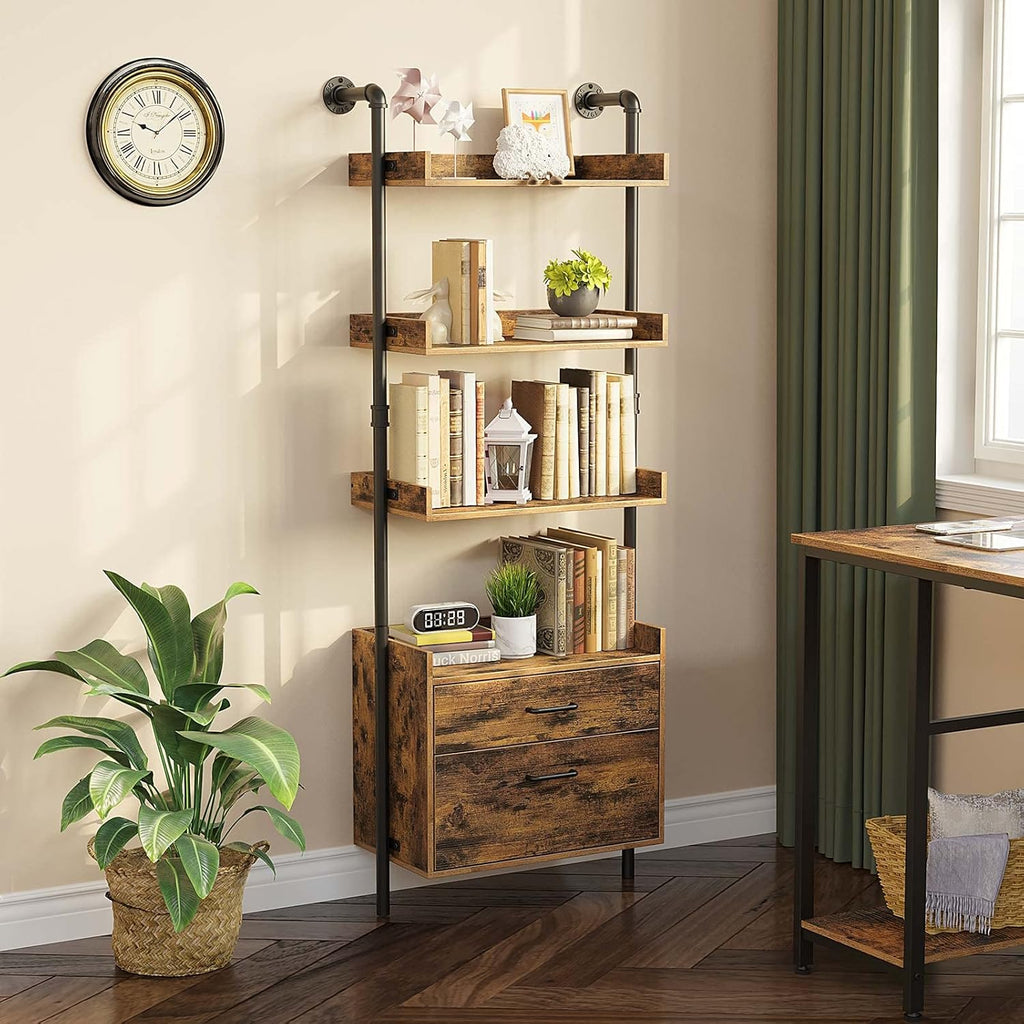 Industrial Bookshelf with 2 Wood Drawers, 4-Tier, Rustic Brown P198