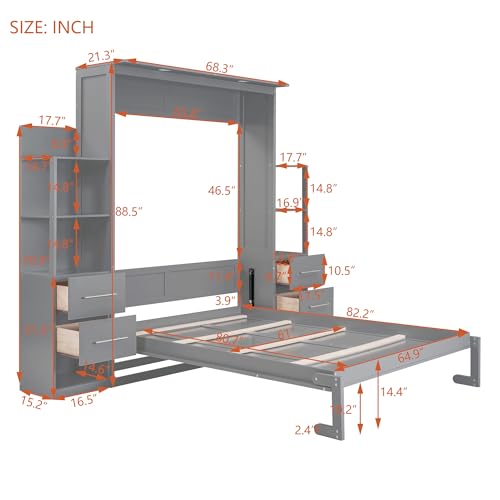 Gray Queen Size Wood Wall Bed with Shelves and Drawers T18941