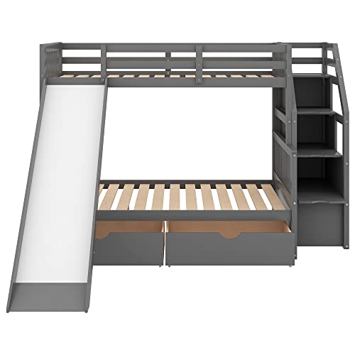 Twin over Full Wooden Bunk Bed with Storage Staircase, Drawers and Slide, Gray I233