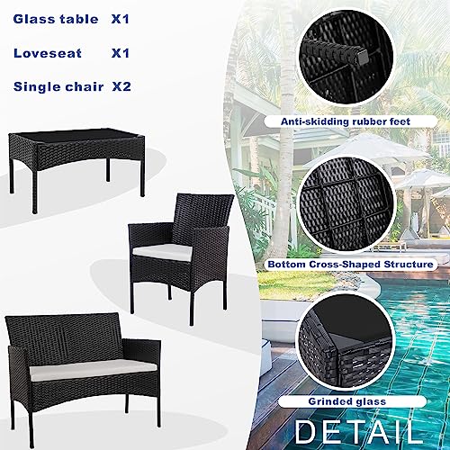 4 Piece Wicker Patio Conversation Furniture Set with Tempered Glass Coffee Table Y143895