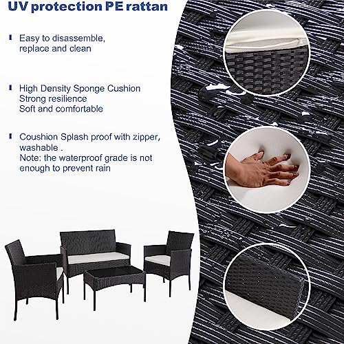 4 Piece Wicker Patio Conversation Furniture Set with Tempered Glass Coffee Table Y143895