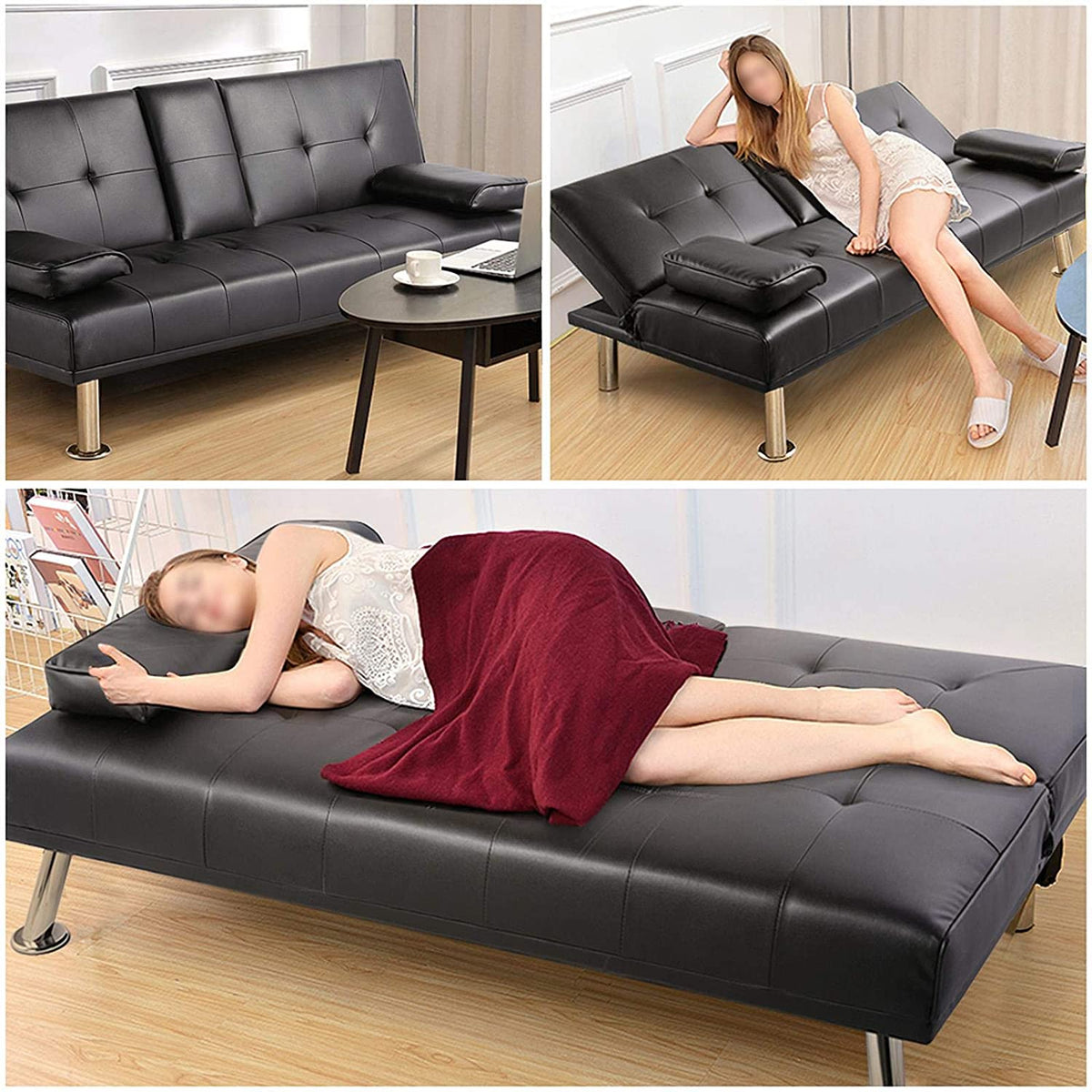 Black Faux Leather Futon Set Convertible Sleeper Loveseat Daybed I285963