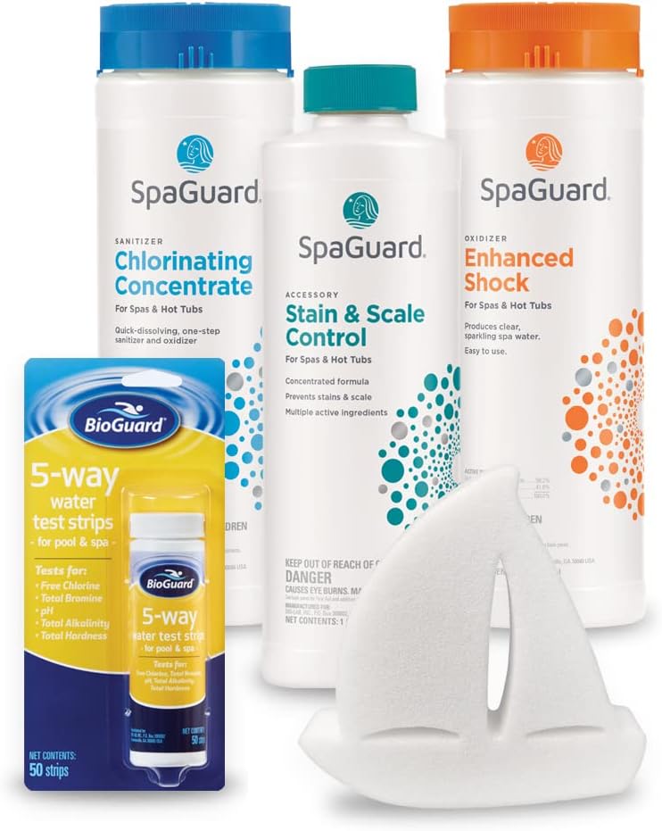 Hot Tub Chemical Bundle with Chlorine, Shock, Stain and Scale Control, Test Strips, Scum Absorber P7867