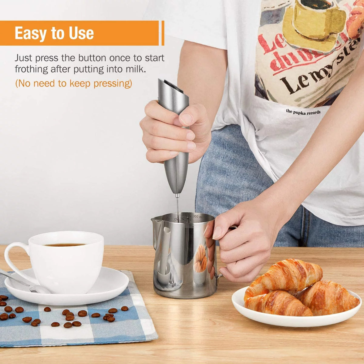 Handheld Battery Operated Milk Frother with Stainless Steel Whisk and Stand T197