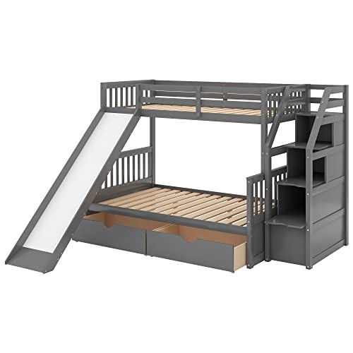 Twin over Full Wooden Bunk Bed with Storage Staircase, Drawers and Slide, Gray I233