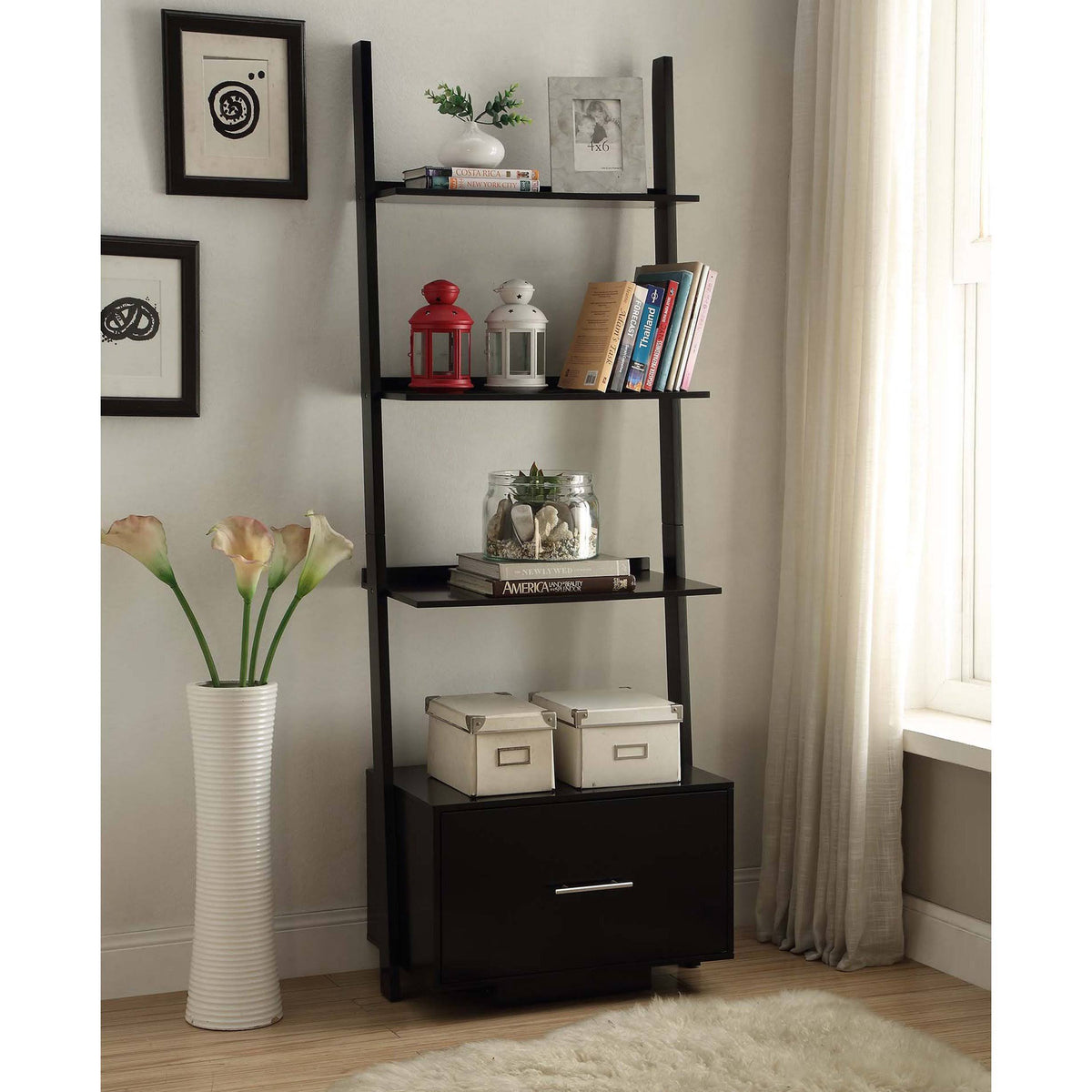 Espresso Ladder Bookcase with File Drawer Q525
