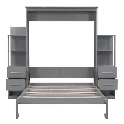 Gray Queen Size Wood Wall Bed with Shelves and Drawers T18941