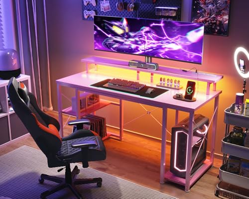 48 inch White Gaming Desk with LED Lights and Power Outlets V45140