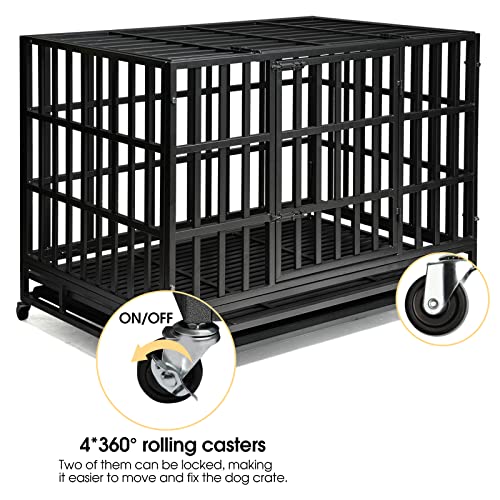 Heavy Duty Dog Kennel Crate Cage with Strong Metal Frame, Double Doors and Lockable Wheels, Square, 48 inch J6185