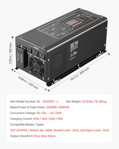 2000 Watt DC 12V to AC 120V Pure Sine Wave Inverter Charger with LCD Display J60553