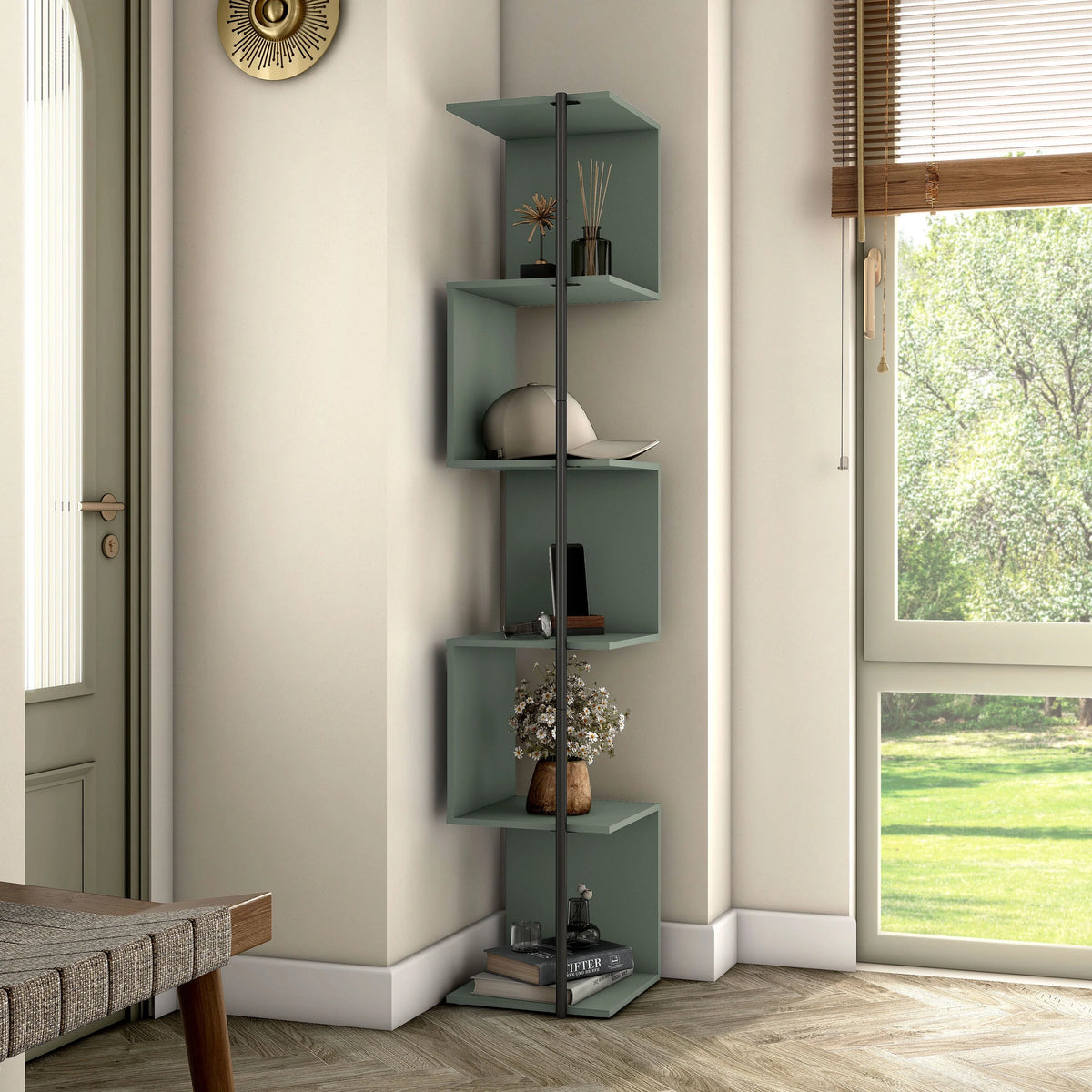 5-Tier Corner Bookcase Sage Green Book Shelf Stand O6991