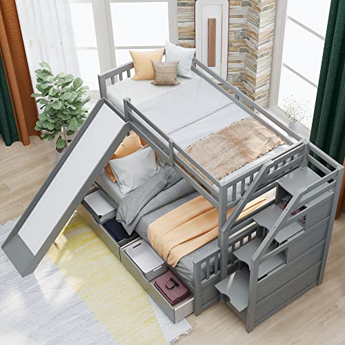 Twin over Full Wooden Bunk Bed with Storage Staircase, Drawers and Slide, Gray I233