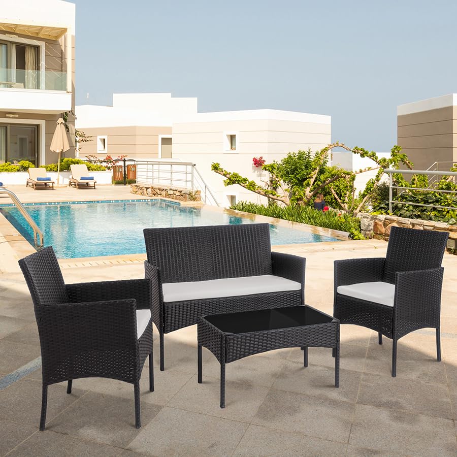 4 Piece Wicker Patio Conversation Furniture Set with Tempered Glass Coffee Table Y143895