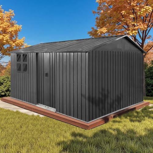 Grey Metal Outdoor Storage Shed with Windows and Lockable Doors L691825