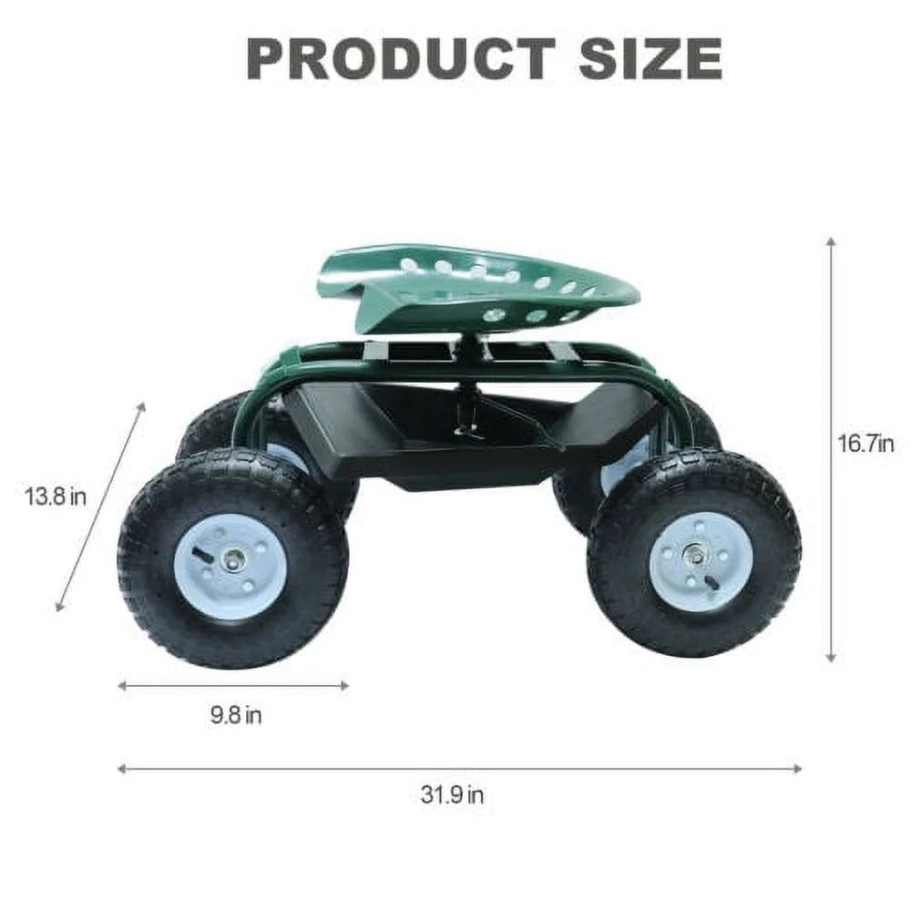 Green Metal Rolling Garden Seat Cart with 4 Wheels P541