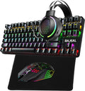 Gaming Mechanical Keyboard and Mouse Headset Mousepad Combo, 4 in 1, RGB Backlit Green axis, Wired, 8000 DPI, USB 7.1 Surround Sound Headphone with Mic, Black, Pack of 2 U9581