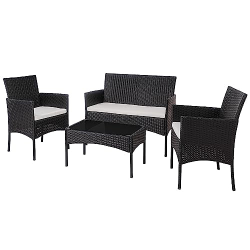 4 Piece Wicker Patio Conversation Furniture Set with Tempered Glass Coffee Table Y143895
