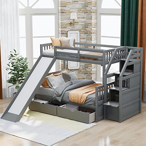 Twin over Full Wooden Bunk Bed with Storage Staircase, Drawers and Slide, Gray I233