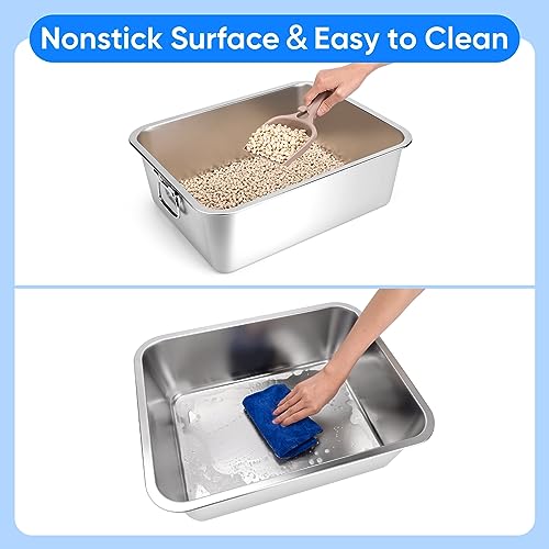 Stainless Steel Litter Box with Handle, 17.5" L x 13.5" W x 6" H, Non Stick Smooth Surface P488