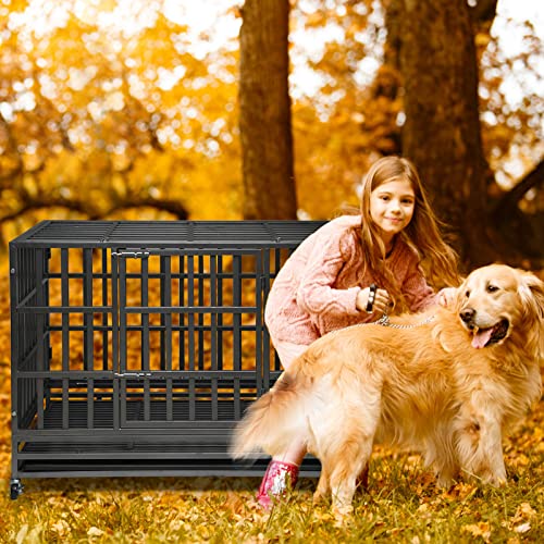 Heavy Duty Dog Kennel Crate Cage with Strong Metal Frame, Double Doors and Lockable Wheels, Square, 48 inch J6185