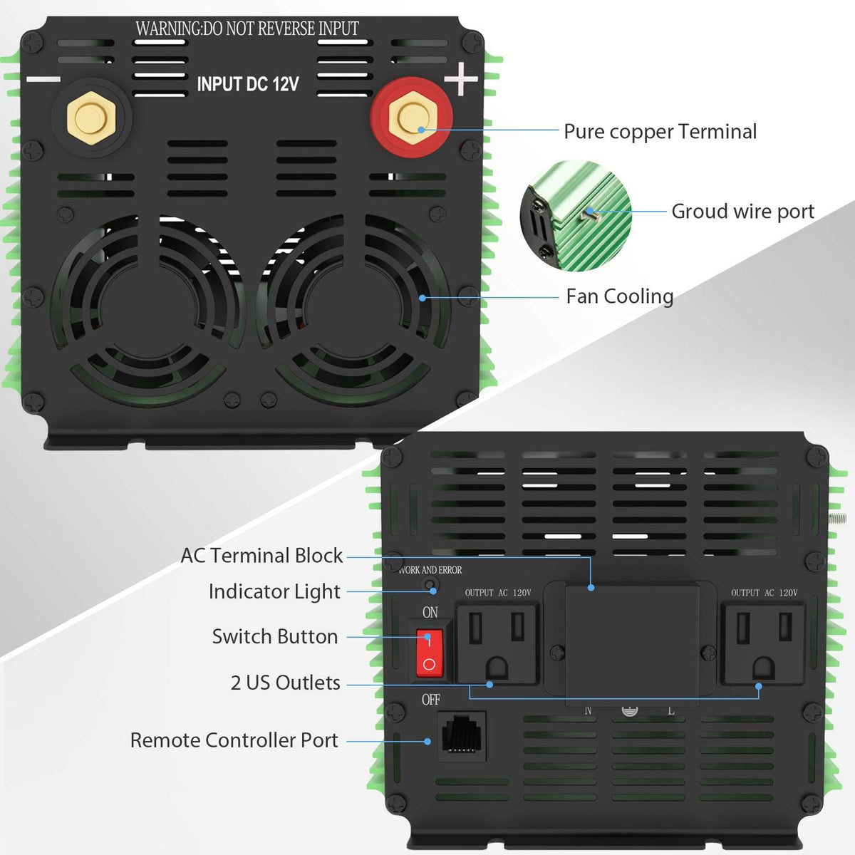 3000 Watt Power Inverter DC 12V to AC 110V 120V with LCD and Dual USB S321