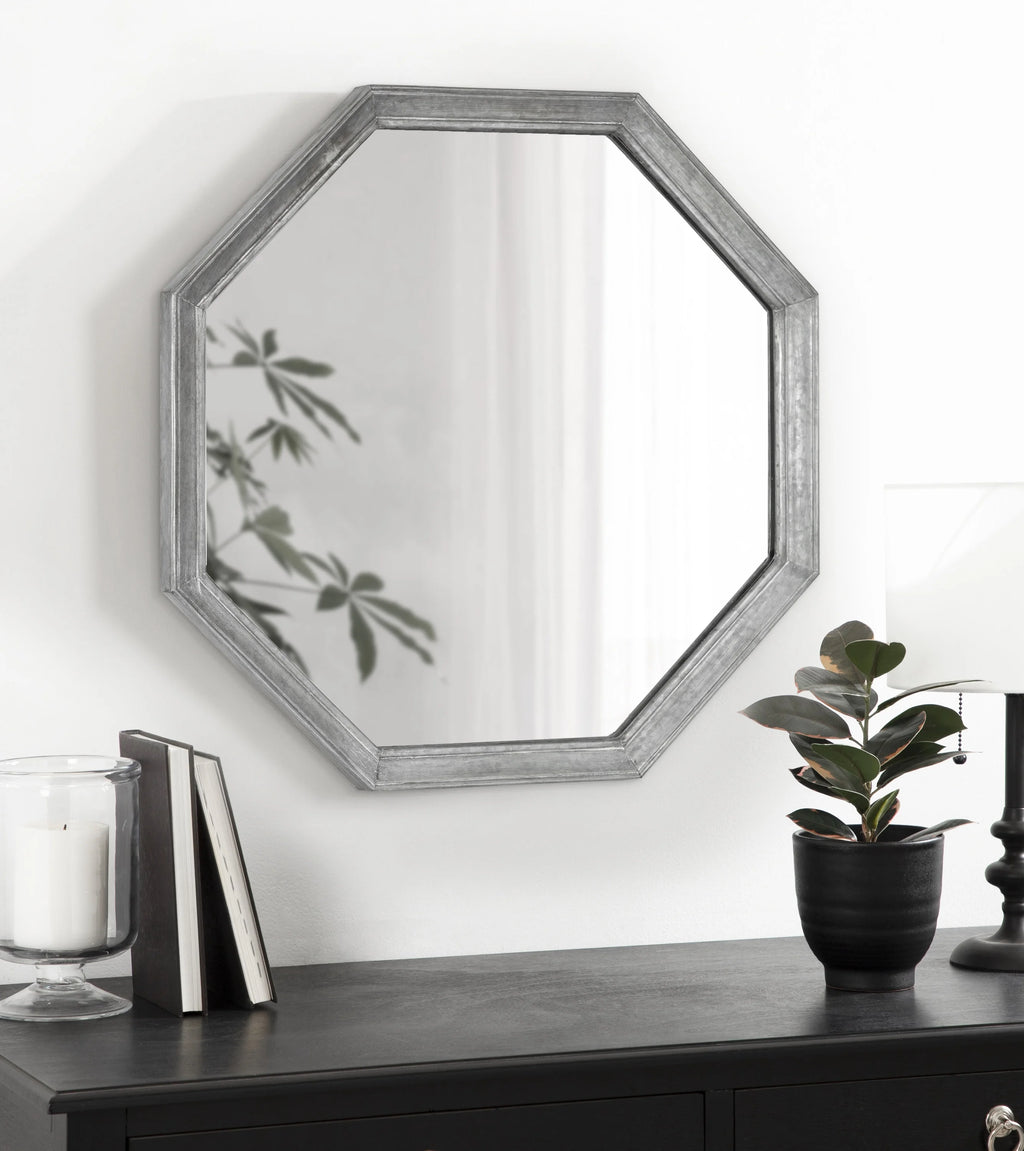 Vintage Galvanized Metal Octagon Wall Mirror, 26 x 26, Silver W3148