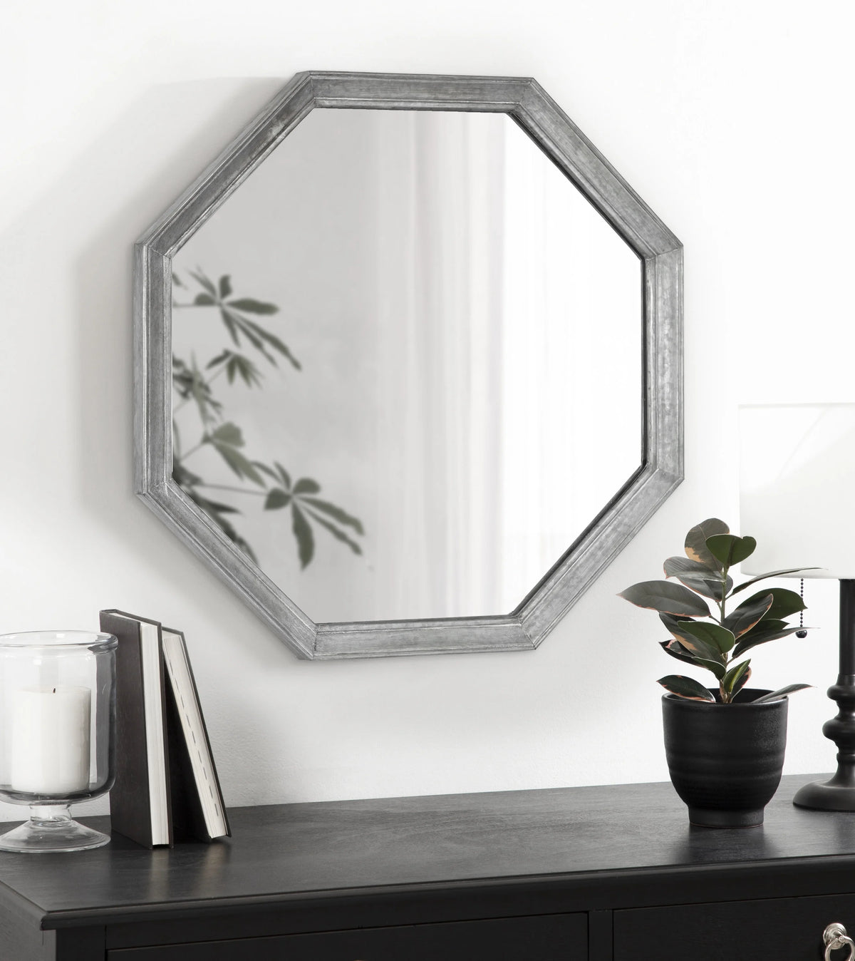 Vintage Galvanized Metal Octagon Wall Mirror, 26 x 26, Silver W3148
