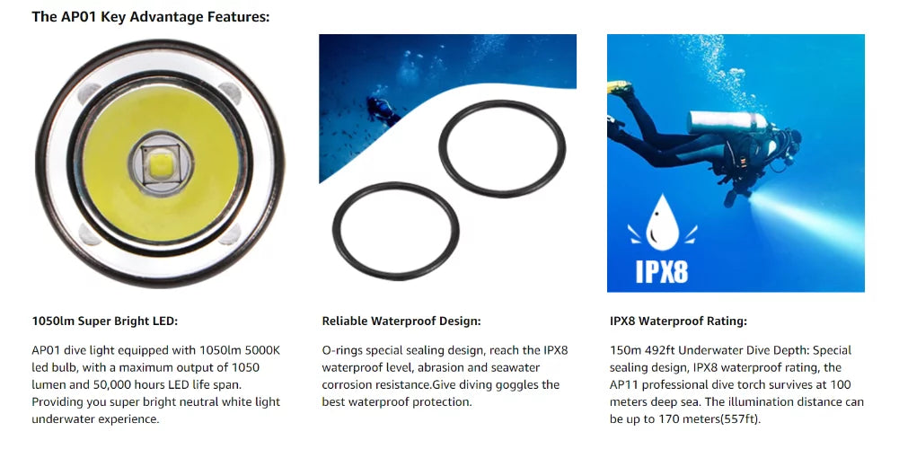 IPX8 Waterproof 1050lm Diving Flashlight X534