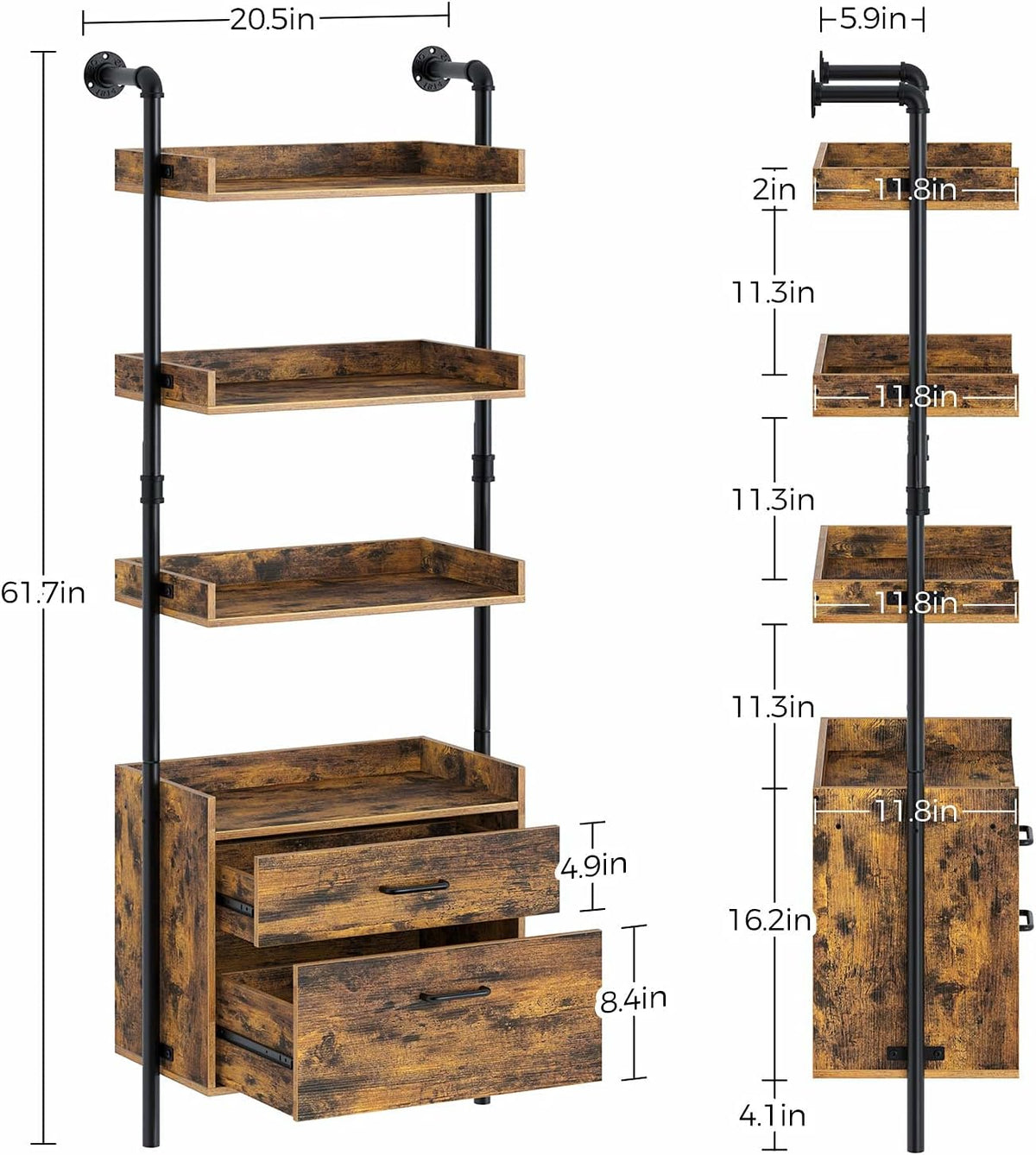 Industrial Bookshelf with 2 Wood Drawers, 4-Tier, Rustic Brown P198