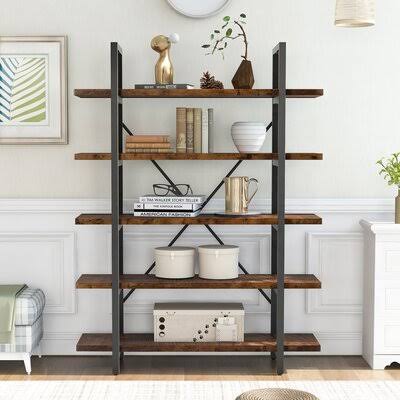 Industrial Bookcase with Rustic Wood and Metal Frame W939419