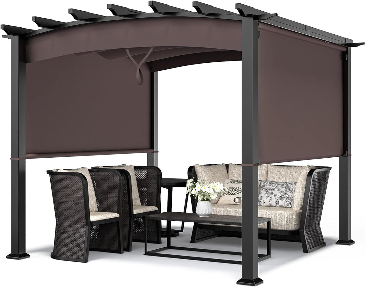 10 X 10FT Beige Steel Pergola with Retractable Canopy C120