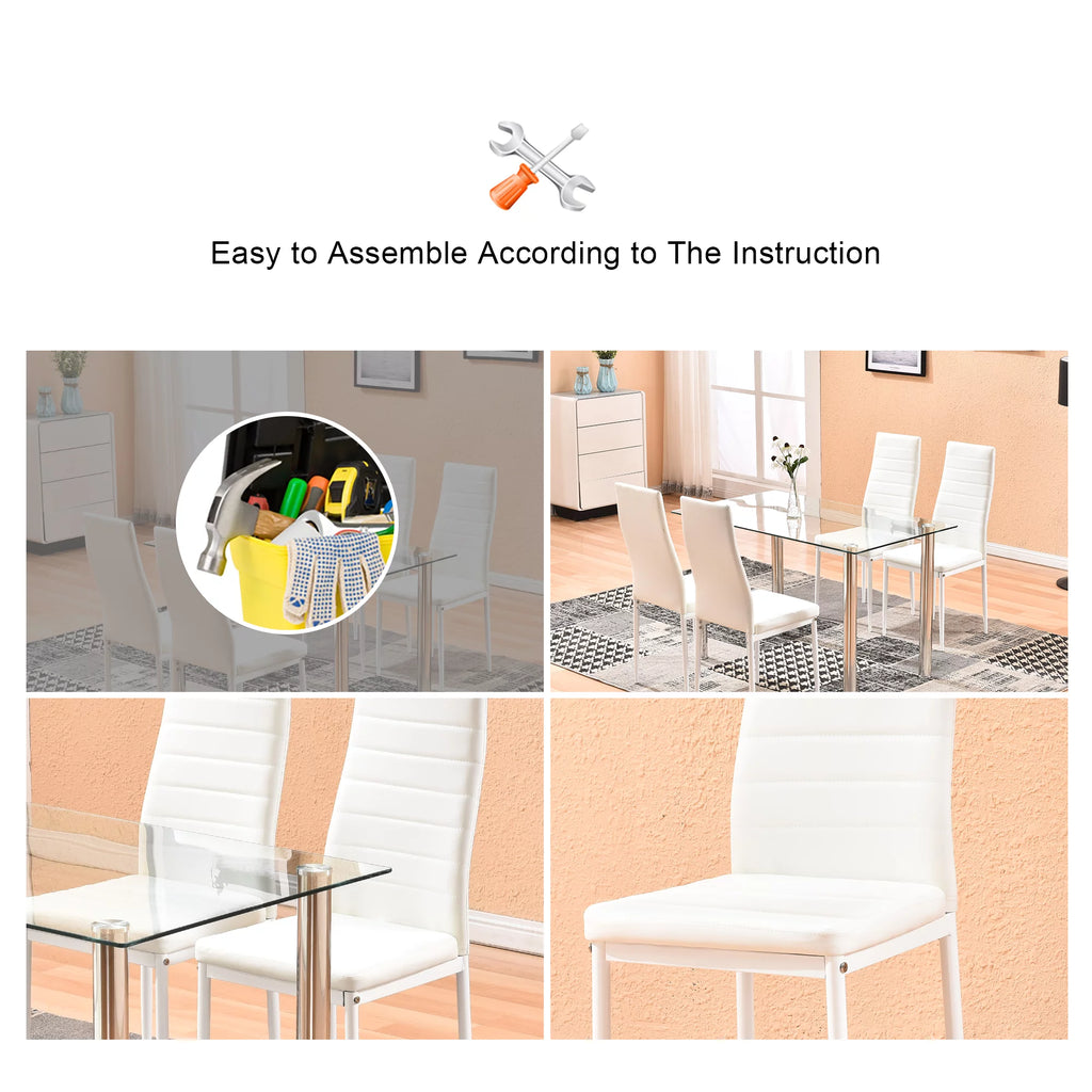 5 Piece Glass Top Dining Table Set with 4 White PU Leather Chairs J5392
