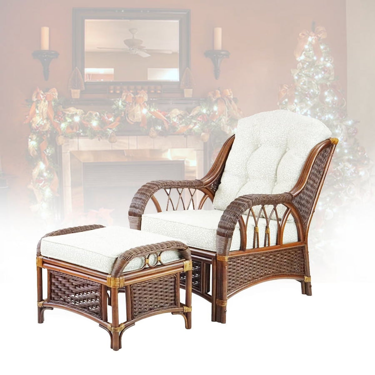 Dark Walnut Natural Rattan Wicker Armchair with Ottoman and Cushion H3501