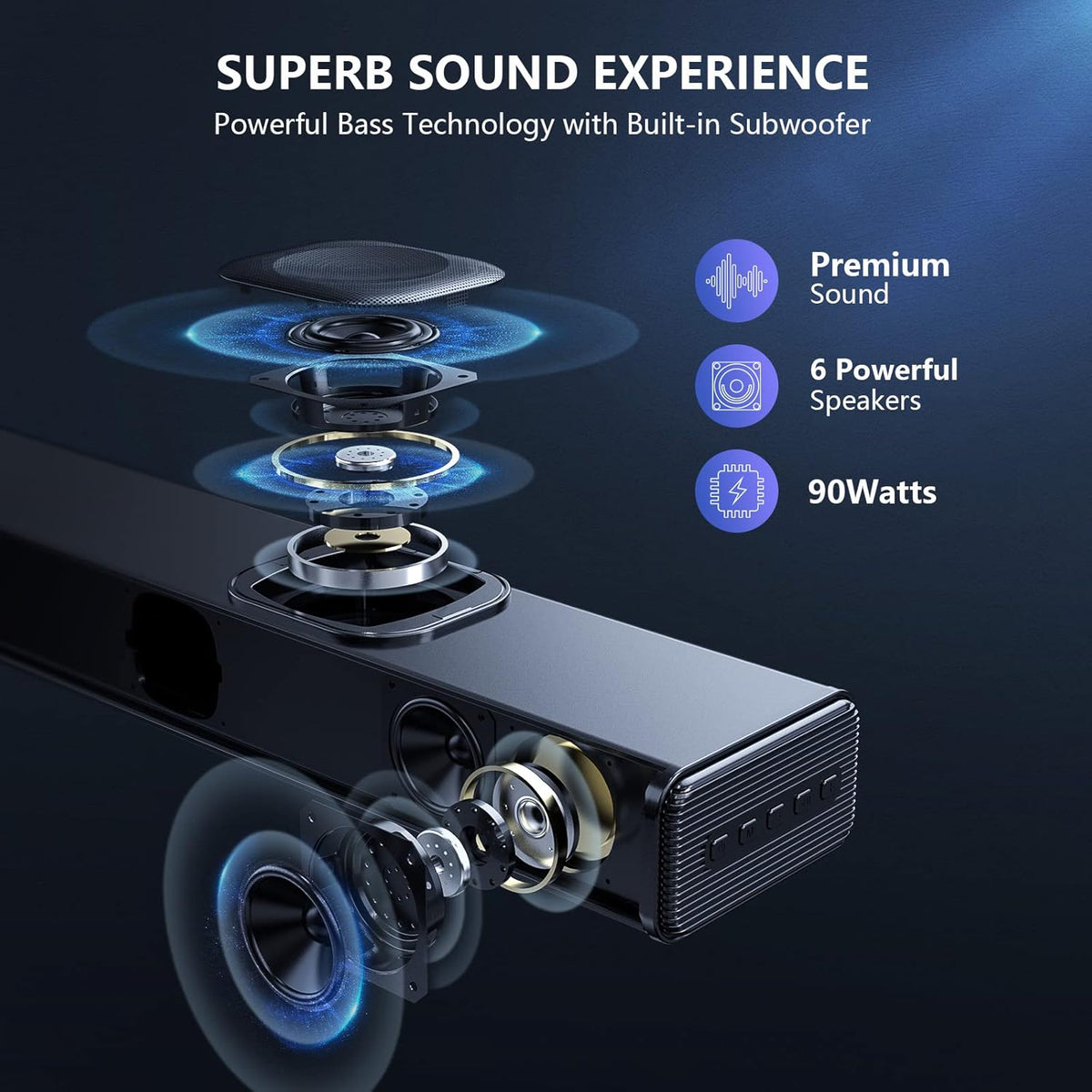 38 Inch Sound Bar with Dual Built-in Subwoofer, 90W, Bluetooth 5.0, Black J589264