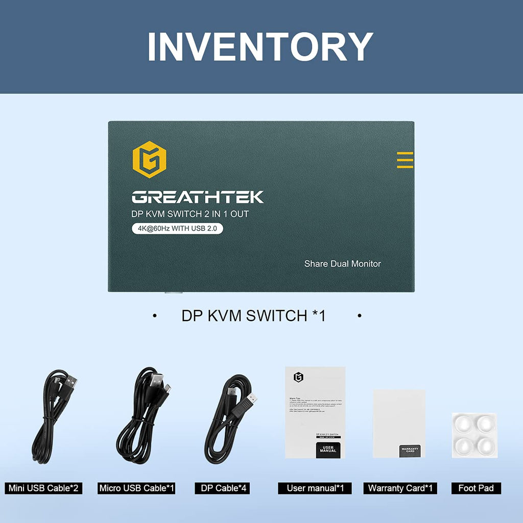 KVM Switch DP Displayport Dual Monitor 2 Port 4 USB 2.0 Hub 4K@60Hz G45173