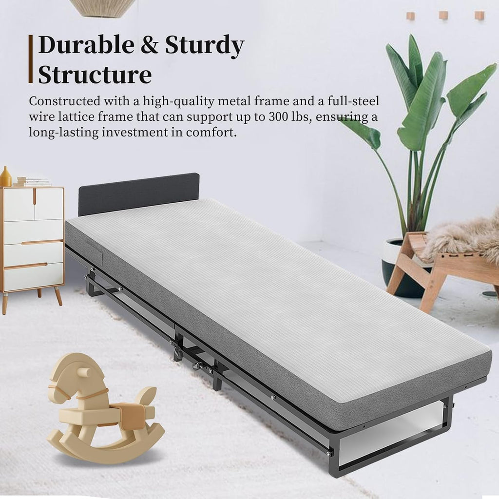 Folding Bed with 4-Inch Mattress, Metal Cot Size Rollaway Bed on Wheels V974384