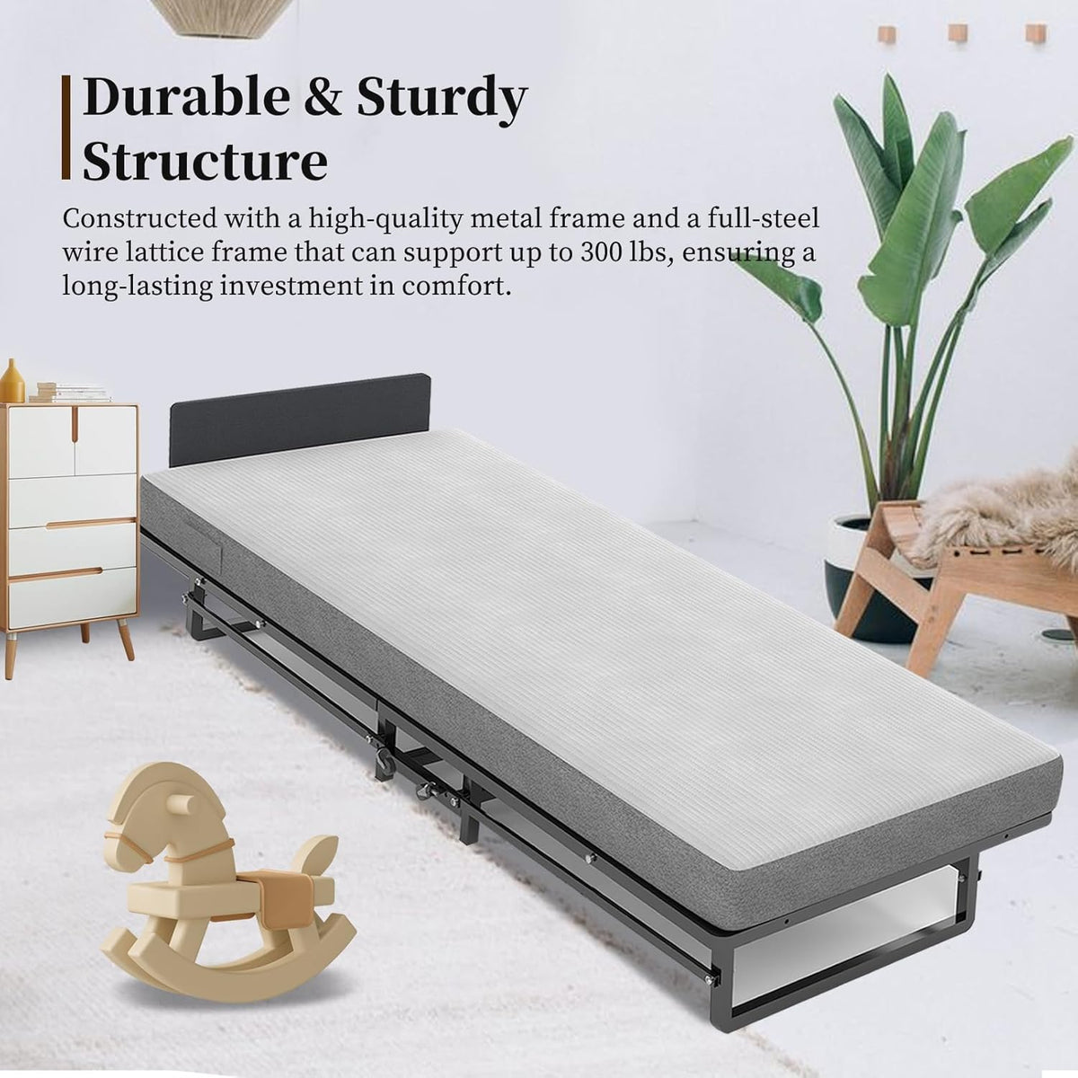 Folding Bed with 4-Inch Mattress, Metal Cot Size Rollaway Bed on Wheels V974384