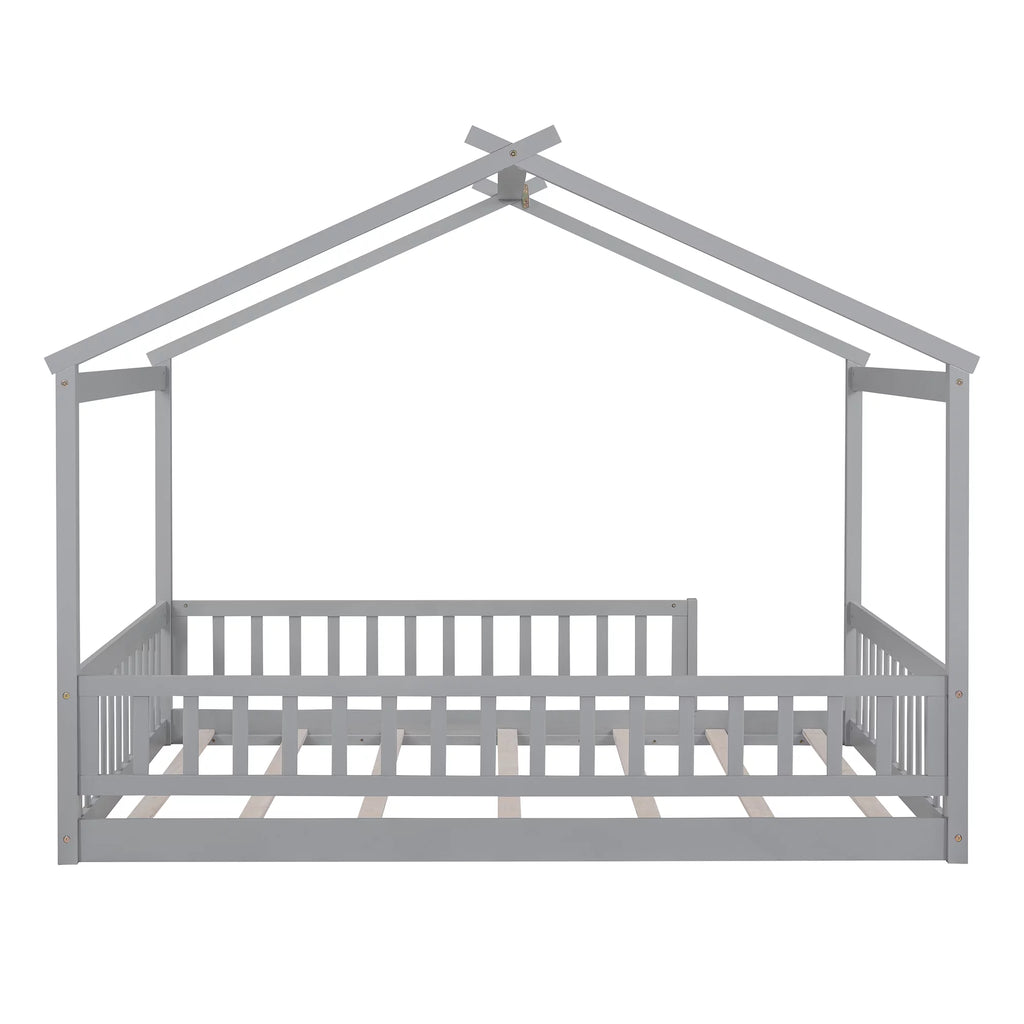 Full Size Wood Floor Bed Frame with Fence Guardrails and House Roof W677438
