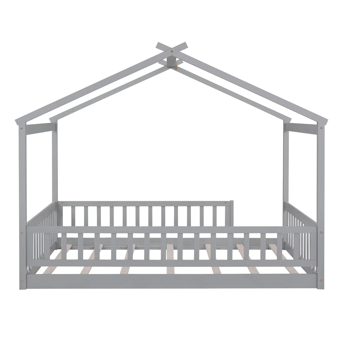 Full Size Wood Floor Bed Frame with Fence Guardrails and House Roof W677438
