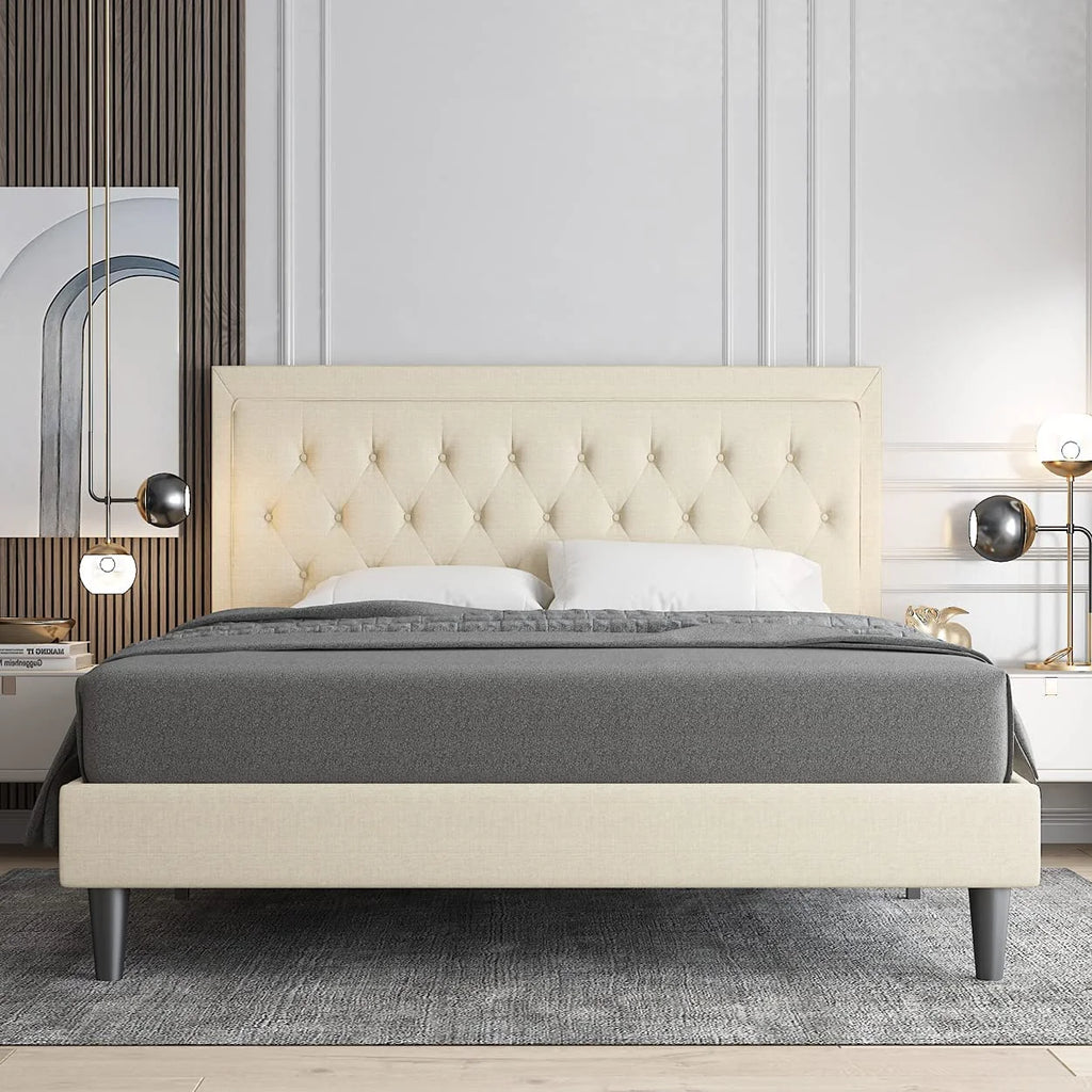 Queen Size Beige Upholstered Platform Bed Frame N4979