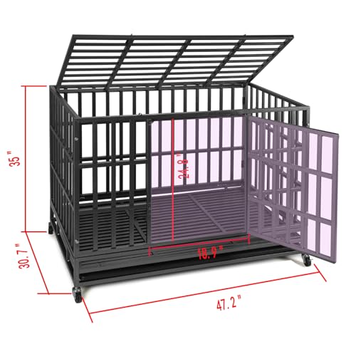 Heavy Duty Dog Kennel Crate Cage with Strong Metal Frame, Double Doors and Lockable Wheels, Square, 48 inch J6185