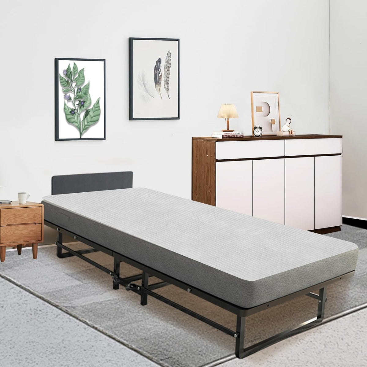 Folding Bed with 4-Inch Mattress, Metal Cot Size Rollaway Bed on Wheels V974384