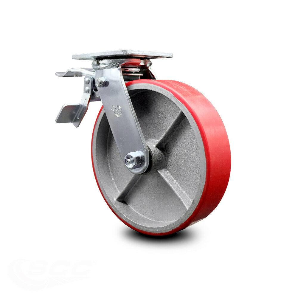 8 inch Red Poly on Cast Iron Caster with Total Lock Brake K7917